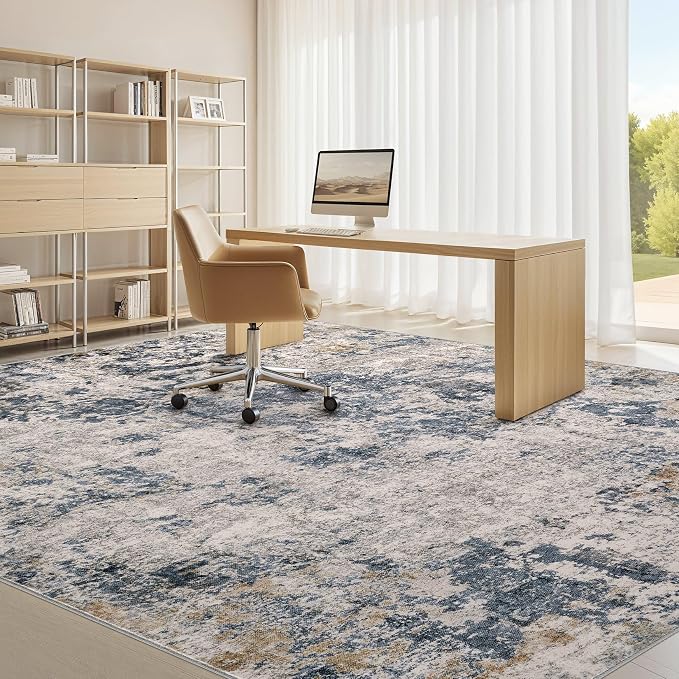 Area Rugs for Living Room: 12x15 Abstract Washable Rug Modern Neutral Large Soft Stain Resistant Non-Slip Backing Machine Table for Bedroom Dining Room Indoor Home Office Carpet - Blue Brown