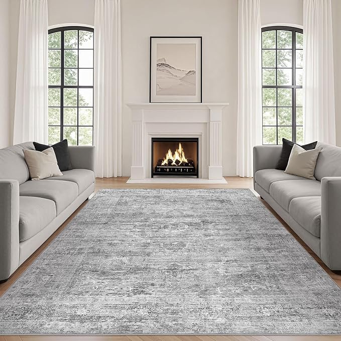 Grey Rug 7x9 Area Rug: Washable Boho Large Vintage Neutral Soft Rugs Stain Resistant Farmhouse Non-Slip Indoor Floor Carpet for Living Room Bedroom Playroom Office Dining Room Apartment Dorm