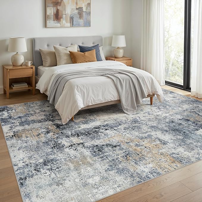 WITSHOCK Area Rugs 12x15 Living Room Rug - Washable Neutral Soft Low Pile Non-Slip Modern Abstract Thin Large Indoor Carpet for Bedroom Dining Room Nursery Office - Dark Blue Brown