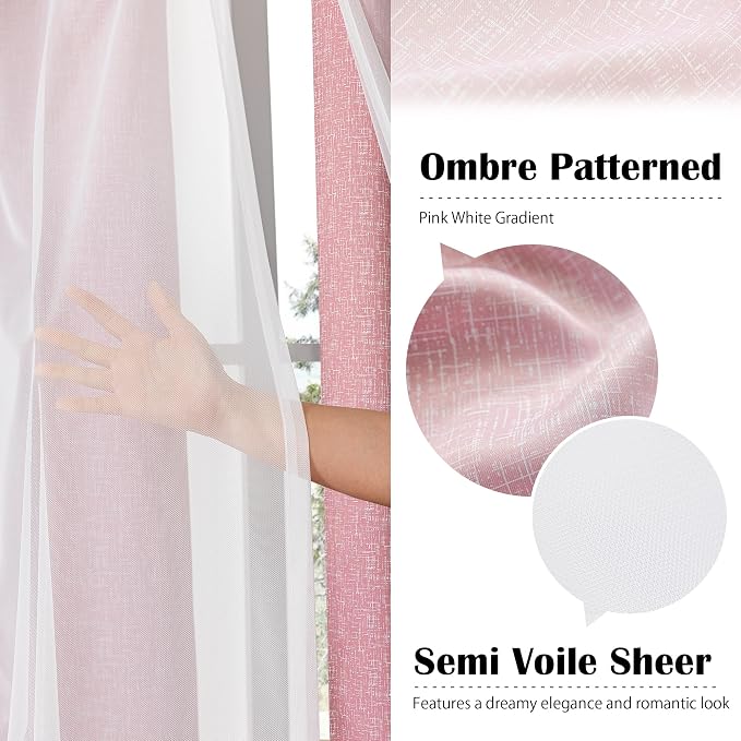 Ombre 100% Blackout Curtains 90 Inches Long 2 Panels for Girls Bedroom Living Room Pink and White Double Layer Sheer Overlay Mix & Match Grommet Thermal Soundproof Drapes with Tiebacks