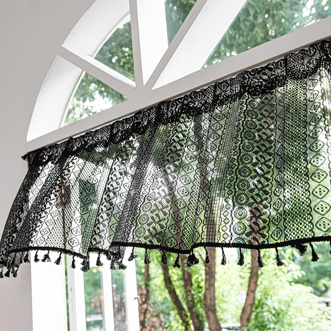 Sutuo Home Boho Valance Curtains for Kitchen Crochet Lace Sheer Bohemian Hollow Knitted with Tassels, Privacy Vintage Rustic Gothic Farmhouse Drapes, Rod Pocket 1 Panel 59" W x 18" L, Black