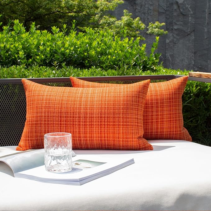 Kevin Textile Outdoor Waterproof Throw Pillow Covers 12x24 Inch Pack of 2 Woven Faux Linen Farmhouse Decorative Water Resistant Lumbar Cushion Covers for Tent Patio Garden Couch Sofa Orange
