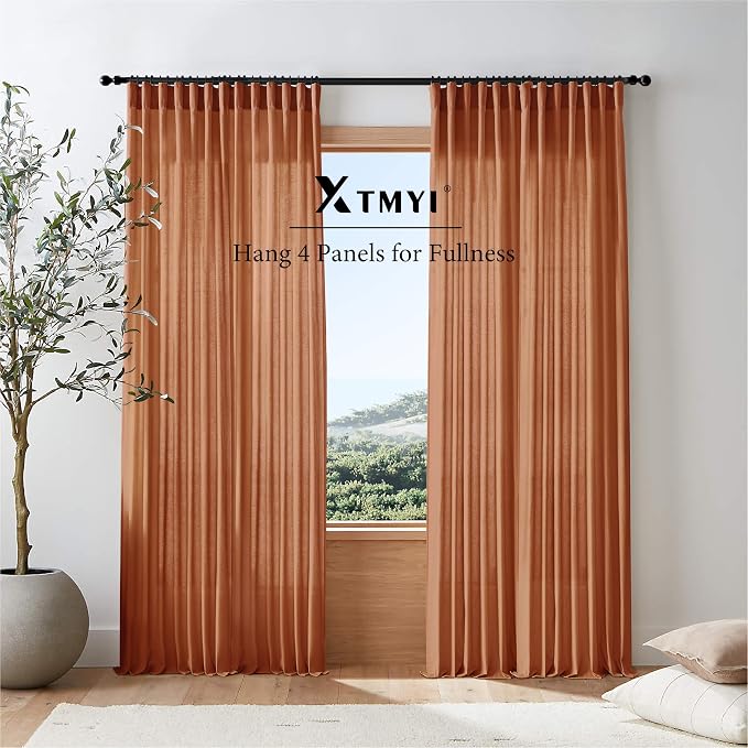 XTMYI Burnt Orange Curtans 63 Inch Length for Bedroom,Sheer Linen Light Filtering Fall Autumn Farmhouse Drapes for Living Room Decor