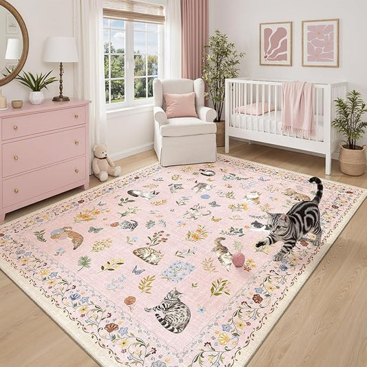 Soalmost Cat 6x9 Pink Area Rugs for Baby Girl Nursery, Machine Washable Animal Floral Vintage Rug Non-Slip Low Pile Soft Throw Rugs for Living Room Kitchen Dining Room Bedroom Playroom (6 x 9,Pink)