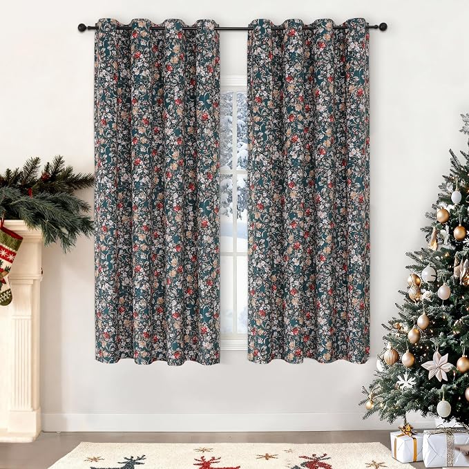 Estelar Textiler Green Velvet Blackout Curtains for Bedroom, 52W x 63L Inches Long, Luxury Floral Printed Energy Saving Window Treatment Thermal Insulated Grommet Drapes for Living Room, 2 Panels