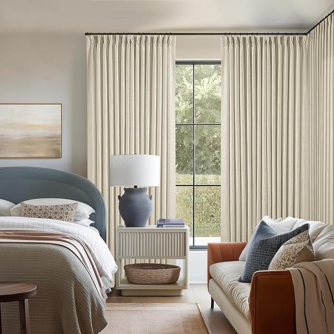 TWODRAPES Extra Wide Pinch Pleat 100 x 84 Inch Linen Curtains for Living Room Beige Light Filtering Semi Sheer Pleated Curtains for Patio Glass Sliding Door Dining Bedroom Large Window 100x84 1 Panel