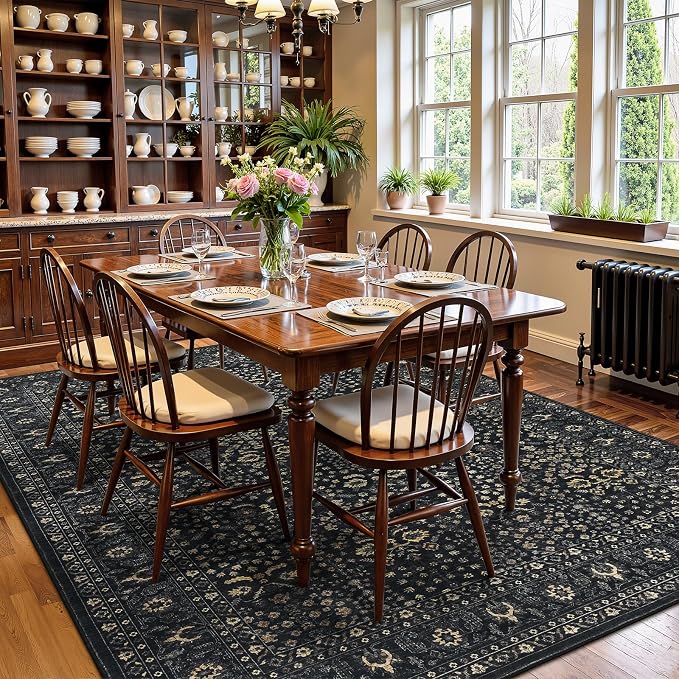 Lofus 5x7 Washable Black Area Rug for Living Room Bedroom Non-Slip Low Pile | Soft Boho Vintage Area Rugs for Bedroom Dinning Room Home Office Indoor
