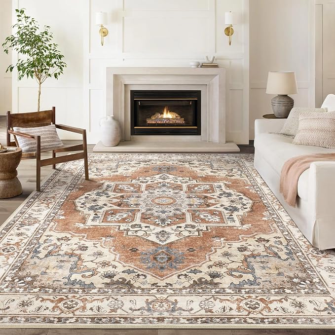 8x10 Washable Area Rug: Vintage Neutral Soft Non Slip Thin Large Floor Carpet for Living Room Bedroom Kitchen Dining Room Home Office Farmhouse Indoor - Brick Red
