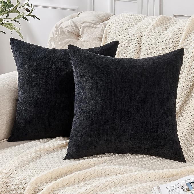 GAWAMAY Decorative Chenille Throw Pillow Covers 24x24 Inch Pack of 2, Soft Square Couch Pillow Cover for Sofa Cushion Living Room Bedroom Solid Dyed Pillowcases Black 60x60cm (ONLY Covers)