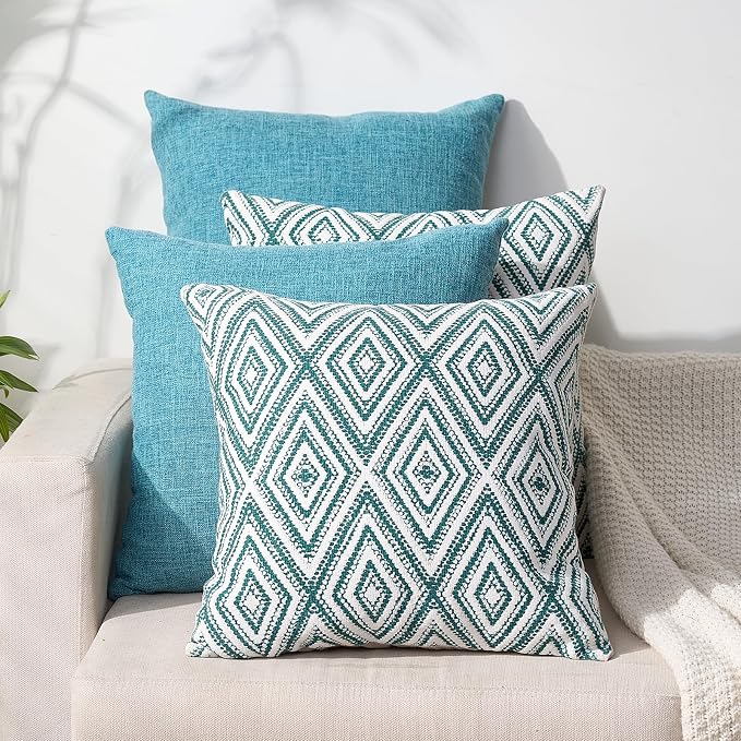 HPUK Throw Pillow Covers 20x20 Inch Set of 4, Linen Decorative Pillow Covers, Accent Cushion Covers for Couch Sofa Bed Bedroom Living Room Décor, Aqua Blue