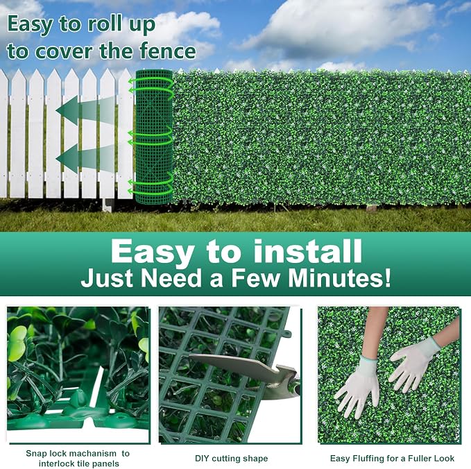 Yangrass Grass Wall Panels Roll, 40"x120" (33.33 sqft) Artificial Ivy with White Flower, UV-Anti Faux Boxwood Grass Wall Greenery Panels for Garden Patio Balcony Decor