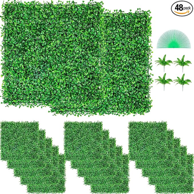 VEVOR Artificial Boxwood Panels 48pcs, 10 x 10 in Boxwood Hedge Wall Panel Artificial Grass Backdrop, 1.6 in Green Fake Grass Wall for Privacy Fence Decor Indoor Outdoor Garden Backyard