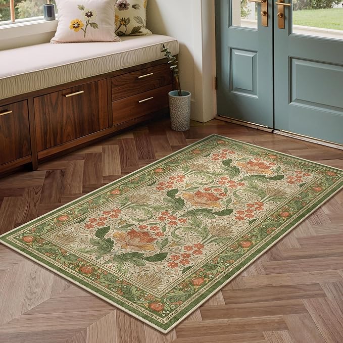 Bavni 4x6 Area Rugs, Floral Machine Washable Rugs for Living Room, Dinning Room, Bedroom, Non Slip Aesthetic Vintage Low Pile Durable Lightweight Farmhouse Rug, Sage Green & Burnt Orange
