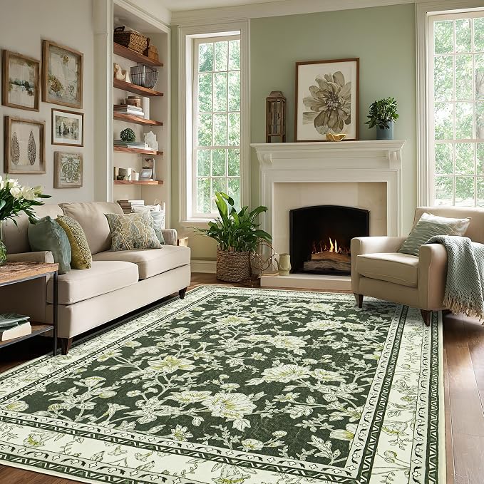 BILEEHOME Floral Area Rug for Bedroom 5x8 Olive Green and Cream Beige Vintage Boho Floral Sketch Style, Washable Low Pile Non Slip Area Rugs for Nursery Living Dining Room, Cozy Aesthetic Home Decor