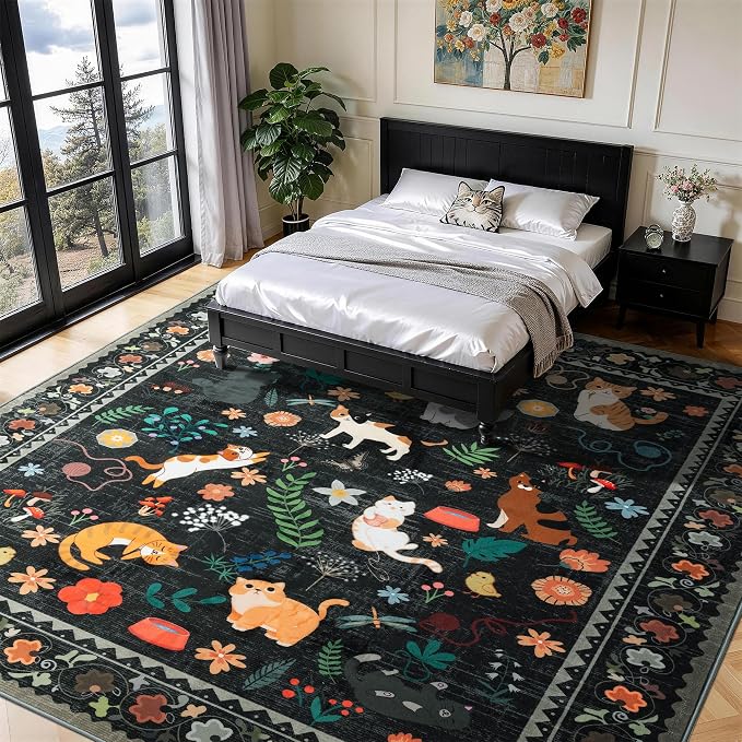 LIANLAM 8x10 Cat Lover's Area Rug, Washable Large Rug with Artistic Feline Design for Living Room & Bedroom, Pet Friendly Non-Slip Soft Carpet, Stain Resistant & Easy Clean(8x10,Black)