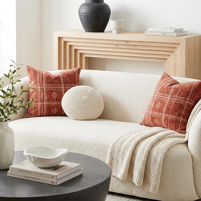 BlissBlush Decorative Throw Pillow Covers 20x20 Set of 2, Boho Textured Chenille Accent Throw Pillow Covers for Couch Sofa Bed Living Room Home Décor, Terracotta Rust Red (Cover Only)