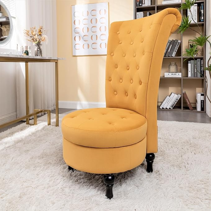 Container Furniture Direct Royal High-Back Velvet Accent Chair for Vanity with Storage and Luxurious Upholstery, Retro Design and Versatile Usage for Livingroom, Bedroom, Lounge and Office, Yellow