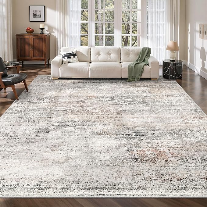 Soalmost 8x10 Area Rugs for Living Room, Washable Bedroom Soft Rug Taupe | Vintage Floral Stain Resistant Non-Slip Low Pile Throw Large Carpet for Dining Room Kitchen Home Office Nursery 8'x10'