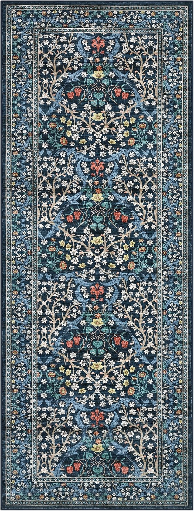 GarveeHome Kitchen 2x6 Runner Rug, Floral Washable Rugs for Hallways Non Slip Stain Resistant, Boho Soft Rug Botanical Carpet for Entryway, Laundry Room, Bedroom Floor Mat, Dark Blue