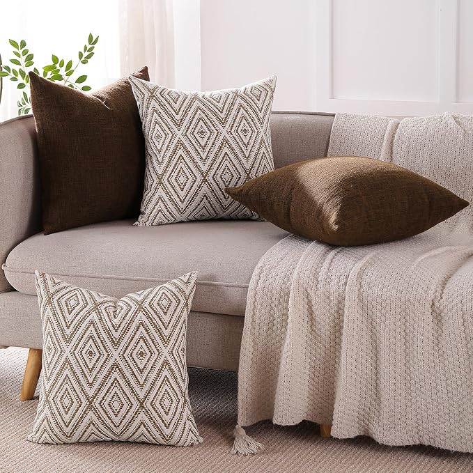 HPUK Throw Pillow Covers 18x18 Inch Set of 4, Linen Decorative Pillow Covers, Accent Cushion Covers for Couch Sofa Bed Bedroom Living Room Décor, Chocolate