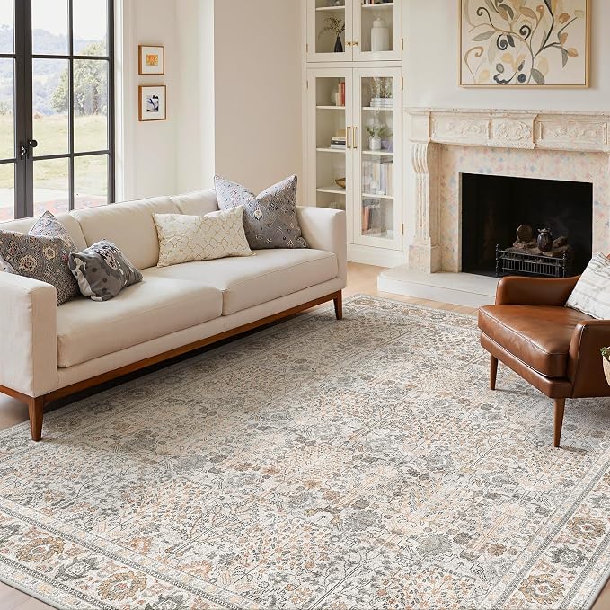 Bavni 2.6x8 Rug Runners for Hallways, Washable Runner Rug Non Slip,Vintage Floral Print Style Rugs for Bedroom-Lightweight Low Pile Carpet for Hallways Bathroom, Beige Grey