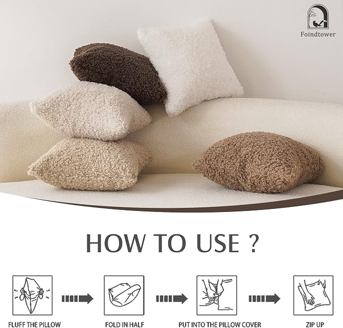 Foindtower 2 Pieces 24x24 Inch Chocolate, Faux Fur Throw Pillow Cover Accent Sherpa Pillow Fuzzy Soft Pillowcases Sheepskin Decorative Fleece Cushion Case for Bed Couch Living Room