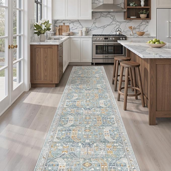Madane Washable Runner Rugs 2x12 Long for Hallway Kitchen Soft, Blue/Gold | Non-Slip Vintage Printed 12ft Rug Runners with Rubber Backing, Low-Pile Floor Carpet Laundry Room Entryway, Corridor
