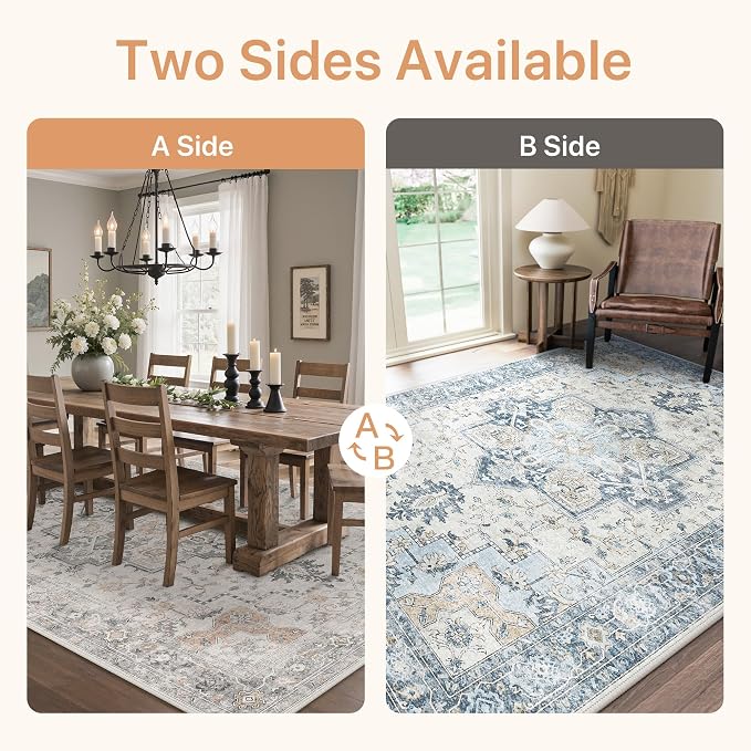 GENIMO 6x9 Reversible Area Rugs for Living Room, Machine Washable Rug with Pad, Non Slip Vintage Rug, Low Pile Lightweight Print Carpet for Bedroom Dining Room Home Office, Taupe & Blue