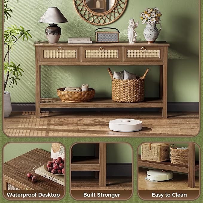 SUPERJARE Rattan Console Sofa Table with Outlets and USB-C Port, 3 Drawer Entryway Table with Synthetic Rattan Surface, Open Shelf, Behind Couch Entry Foyer Hallway Storage, Brown