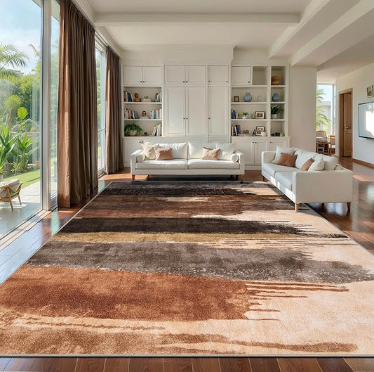 Ciicool Modern Abstract Rug for Living Room, 10'x14' Machine Washable Area Rug Non-Slip Rug, Low-Pile Contemporary Indoor Dining Floor Carpet for Bedroom Office Under Table Home Decor Brown Black