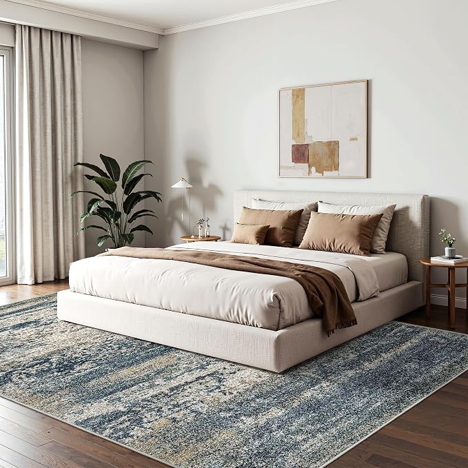 Art&Tuft Washable Rugs 5x7, Anti-Slip Backing Abstract Area Rug 5x7, Stain Resistant Rugs for Living Room, Foldable Machine Washable Area Rug (5'x7', Navy)