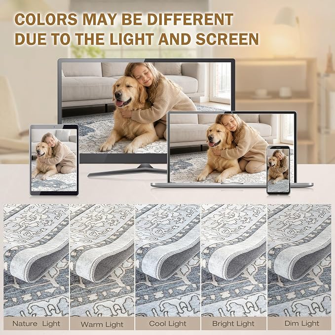 cotiled 3x5 Area Rug Machine Washable Vintage Carpet for Living Room Bedroom Soft Non-Slip Backing Floor Mat Kid & Pet Friendly Stain Resistant Light Blue