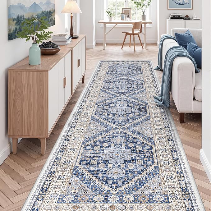 zesthome 3x12 Runner Rug for Hallway, Non-Slip Long Bathroom Rugs Runner for Kitchen, Bedroom, Soft Vintage Abstract Washable Rug for Entryway, Thin Floor Mat for Dining Room(Blue/Beige,3'x12')
