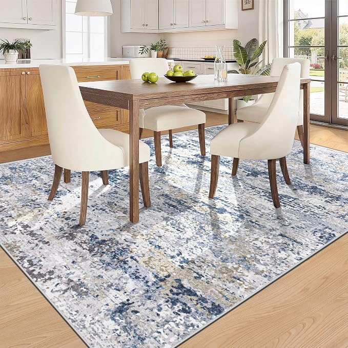 6x9 Area Rugs for Living Room: Washable Abstract Neutral Rug Modern Soft Non Slip Low Pile Rugs Floor Indoor Stain Resistant Carpet for Bedroom Dining Room Nursery Home Office (Blue, 6'x9')