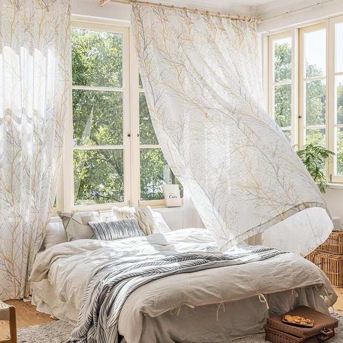 FMFUNCTEX Tree Yellow White Sliding Door Curtain for Living Room 100 x 84 Inches Long Branch Print Linen Texture Semi Sheer Curtain Farmhouse Rustic Window Drapery 1 Panel Grommet Top