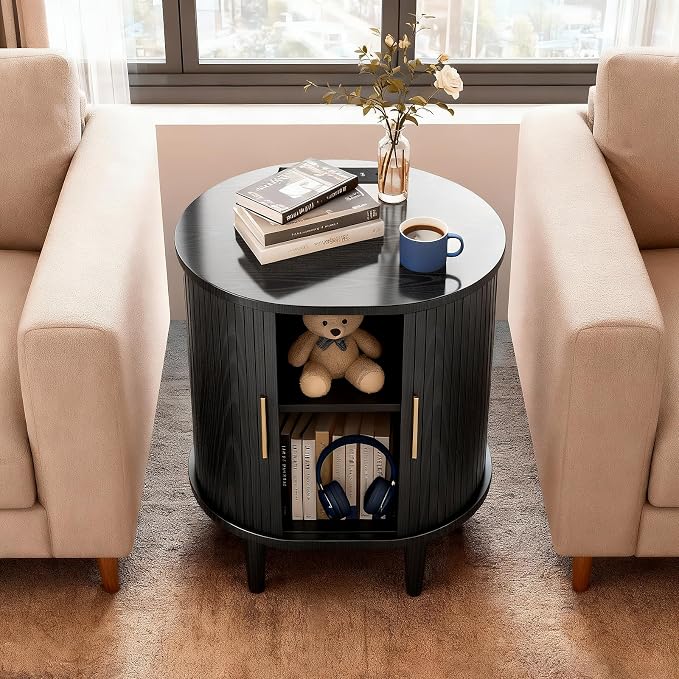 DHH Mid Century Modern Nightstand Set of 2 with Charging Station, Fluted Accent Side Table with Sliding Door & Adjustable Shelf, End Table for Small Space, Living Room, Bedroom,Sofa Couch, Black