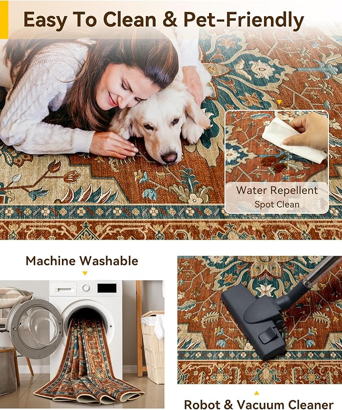 RELEANY Area Rugs 6'x9' Washable Non-Slip, Floral Vintage Distress Medallion Carpet for Living Room Bedroom Dining Room, Red Orange Blue Brown