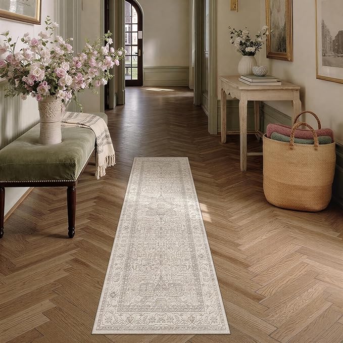 2x5 Washable Vintage Runner Rug Beige Oriental Hallway Kitchen Throw Rug Neutral Non Slip Soft Low Pile Carpet for Bathroom Laundry Bedroom Living Room