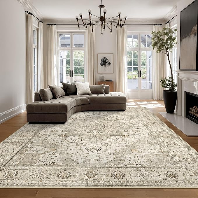 Roxstand Washable Rugs 9x12, Large Area Rugs 9x12 Living Room with Non-Slip Backing, Super-Soft Floral Vintage Rug, Low Pile Area Rug for Bedroom, Dining Room, Office (Ivory/Beige, 9'x12')