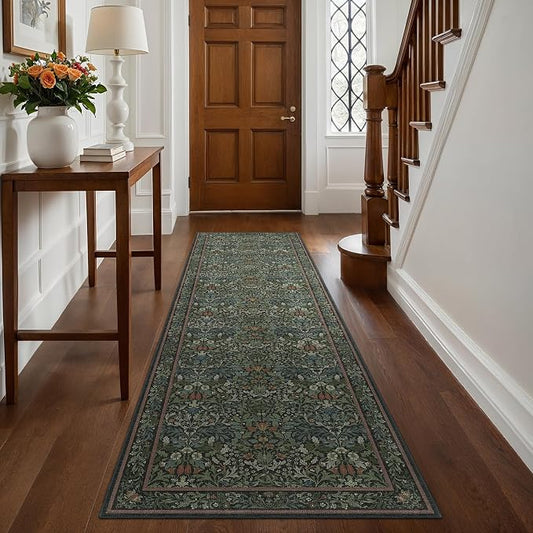 GENIMO 2.5x12 Washable Extra Long Runner Rug, Non Slip, Dark Green | Vintage Boho Floral Low Pile Thin Mat for Entryway, Kitchen, Bedroom, Indoor Decor