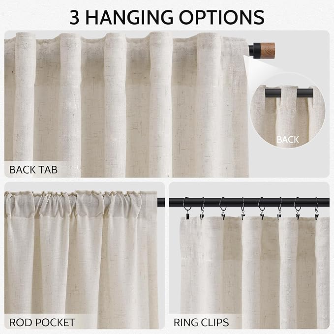 Nanspring Pearl White Linen Curtains 84 Inches Long for Living Room Light Filtering Semi Sheer Curtain Back Tab and Rod Pocket Coastal Decor Elegant Neutral Luxury Drapes for Bedroom 52x84, 2 Panels
