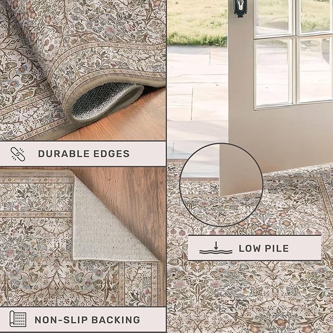 Hazo Haus Vintage Moss Green Living Room Rug, 7x10 Washable Large Area Rugs for Bedroom, Dining Room Rugs Under Kitchen Table, Oriental Taupe Low Pile Stain Resistant Non-Slip