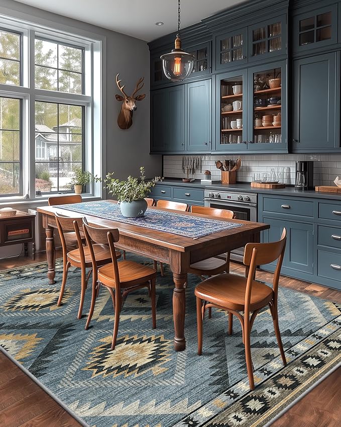 BESTSWEETIE Area Rug 6x9 Rug Machine Washable Rug Non-Slip Low Pile Print Pattern Western Rug for Living Room Bedroom Entryway Tribal Series -Navy/Grey
