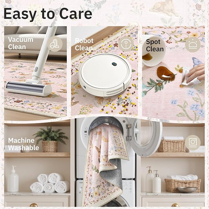 Soalmost Dog 6x9 Area Rugs for Living Room, Machine Washable Animal Floral Vintage Rug Non-Slip Low Pile Soft Throw Rugs for Bedroom Dining Room Kitchen Nursery Playroom (6 x 9,Pink)