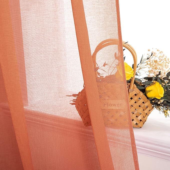 MIULEE 2 Panels Burnt Orange Semi Sheer Window Curtains - Elegant Grommet Top Voile Panels/Drapes/Treatment - Linen Textured for Bedroom Living Room Fall Decor (54X96 Inches)