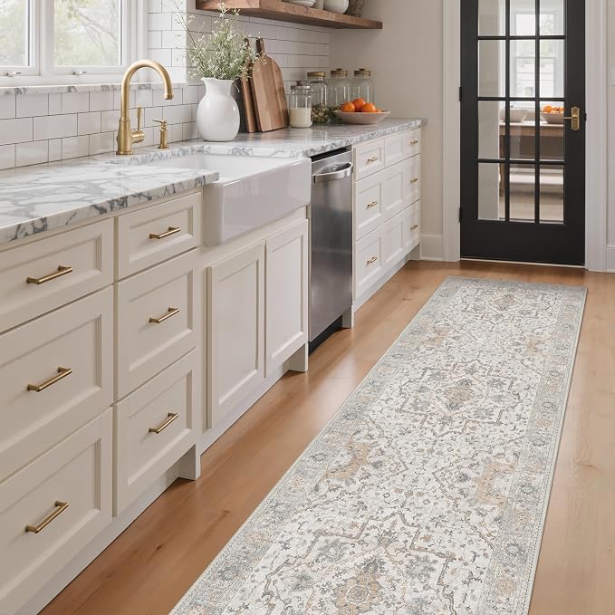 GENIMO Runner Rug 2'x6' Machine Washable Non Slip Vintage Hallway Runner Rug, Low Pile Lightweight Rugs for Indoor Entryway, Hallway, Kitchen and Corridor, Gray Brown