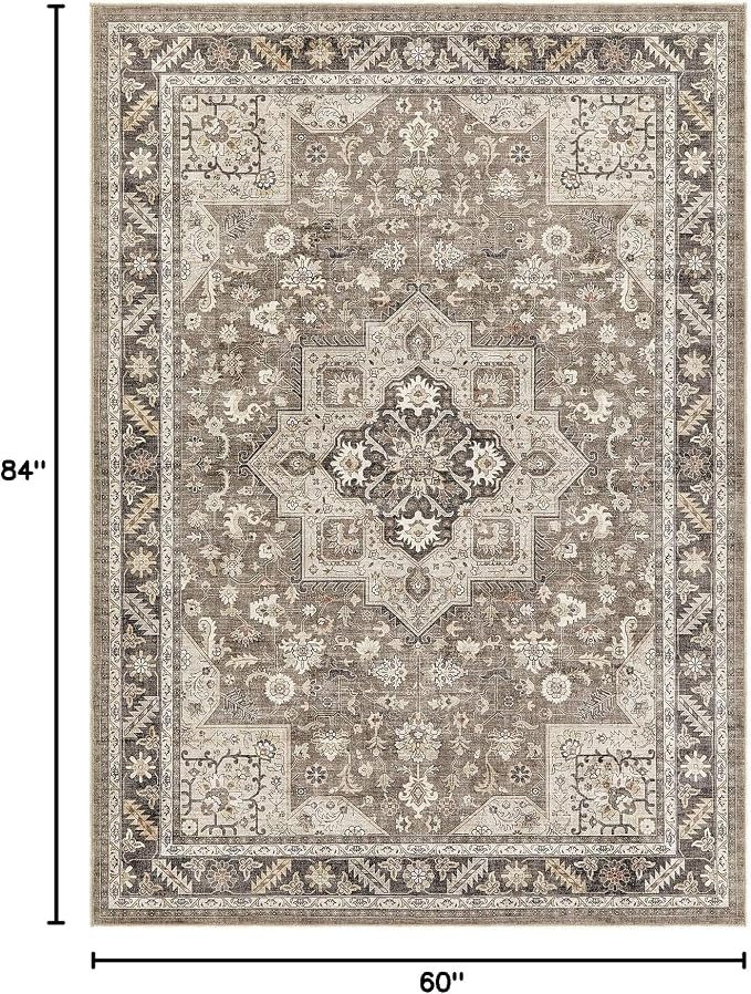 Vintage Living Room Area Rug 5x7 - Large Soft Washable Oriental Traditional Distressed Farmhouse Rugs for Bedroom - Indoor Floor Accent Carpet for Home Office House Decor - Brown