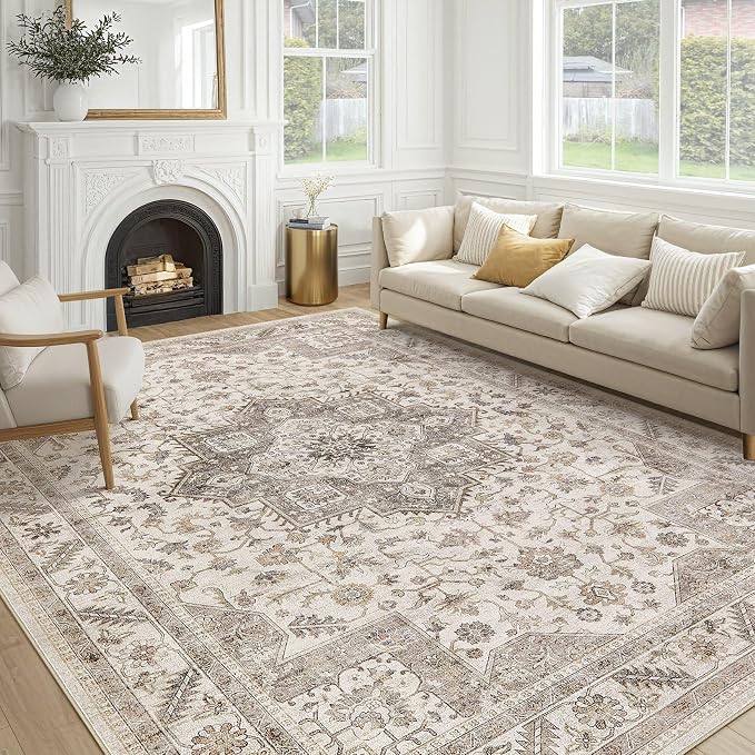 Vintage Living Room Area Rug 5x7 - Large Soft Washable Oriental Traditional Distressed Farmhouse Rugs for Bedroom - Indoor Floor Accent Carpet for Home Office House Decor - Light Brown