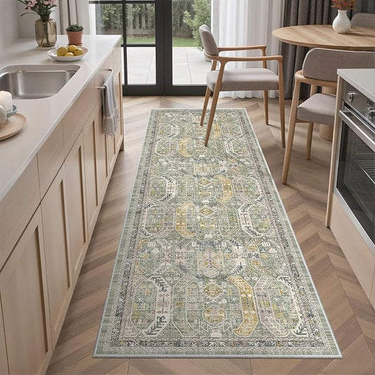 Madane Washable Runner Rug 2x6 Runners for Hallways Non Slip, Green/Gold | Vintage Stain-Resistant 6 Feet Kitchen Rug, Soft Low-Pile Ultra-Thin Floor Carpet Mat for Bathroom Laundry Room Bedroom 2x6ft
