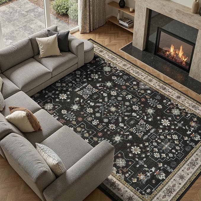 DCX Machine Washable Black Area Rug 9x12, Non Slip Stain Resistant Vintage Area Rug for Living Room Diningroom Bedroom Nursery, Soft Low Pile Large Carpet